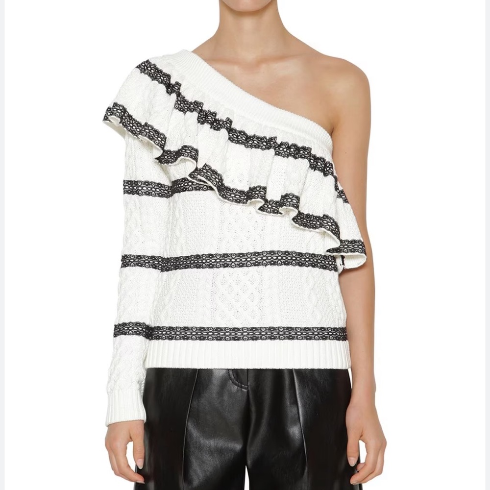 Self-Portrait Ivory Cable Knit One Shoulder Cotton Sweater with Lace Trim
